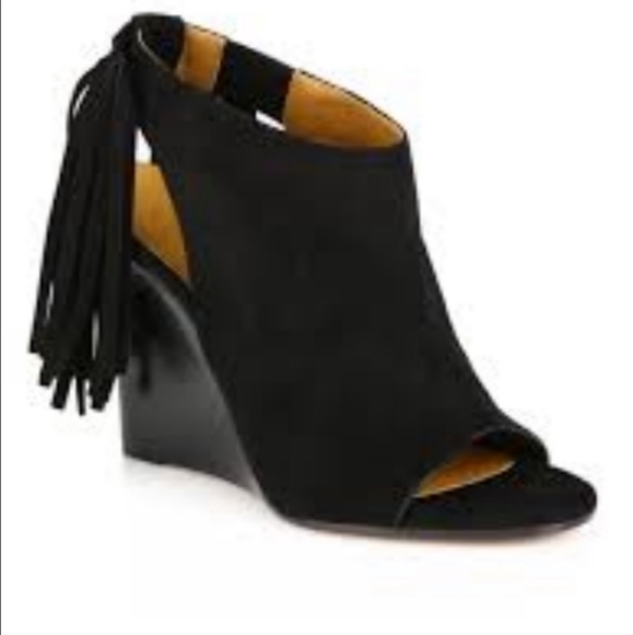Chloe Black Suede Fringe Wedge - Picture 1 of 8